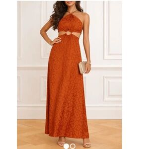 RUMER Kenya Ring Maxi dress Halter Cutout Maxi rust ties NWT L